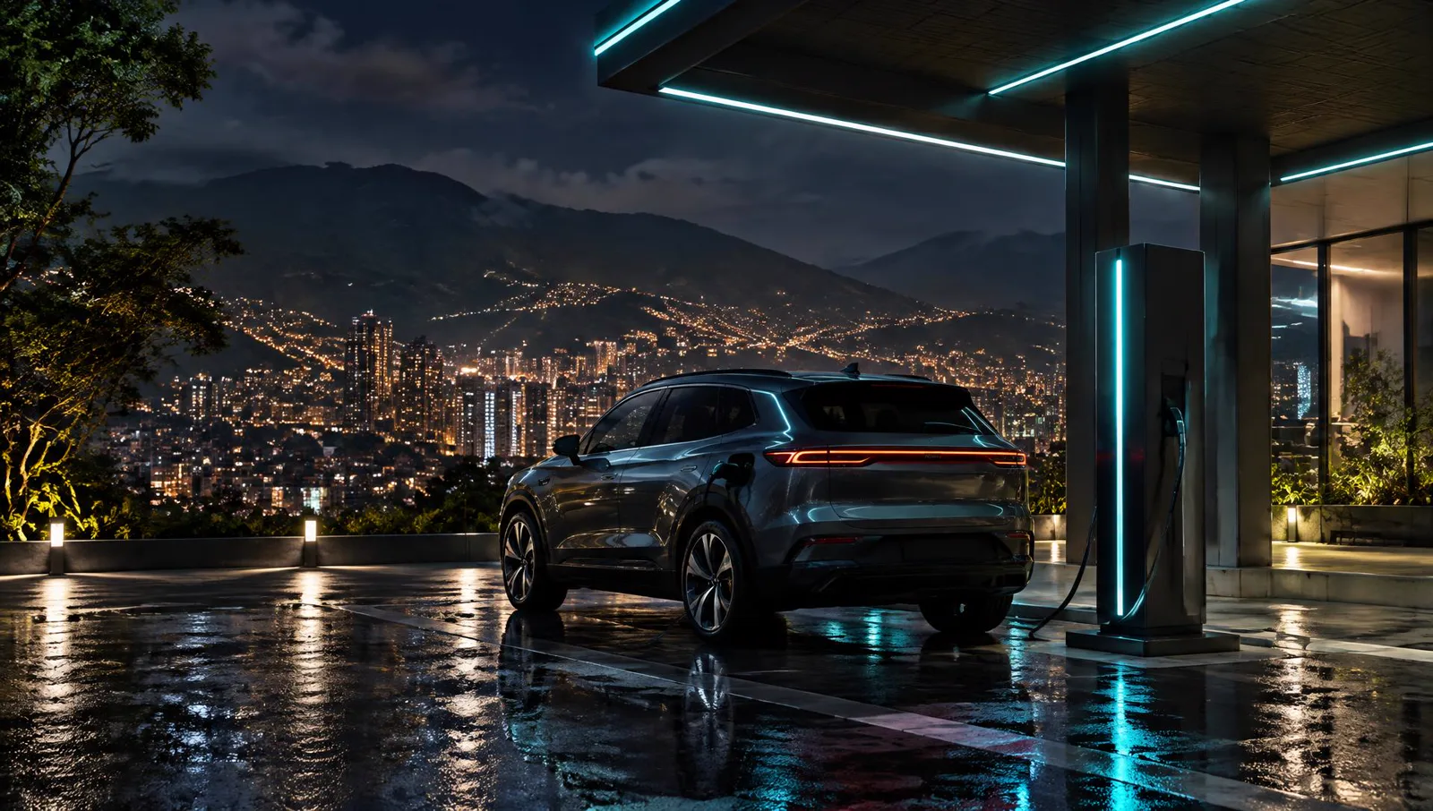 Vehículo eléctrico cargando frente a Medellín